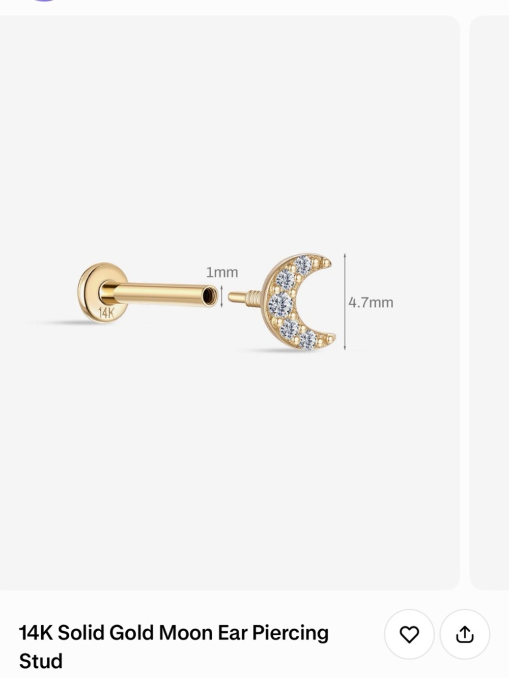 14k solid Gold Moon and Star AAA Zirconia Stud Earrings - Asymmetric Celestial - Picture 5 of 17